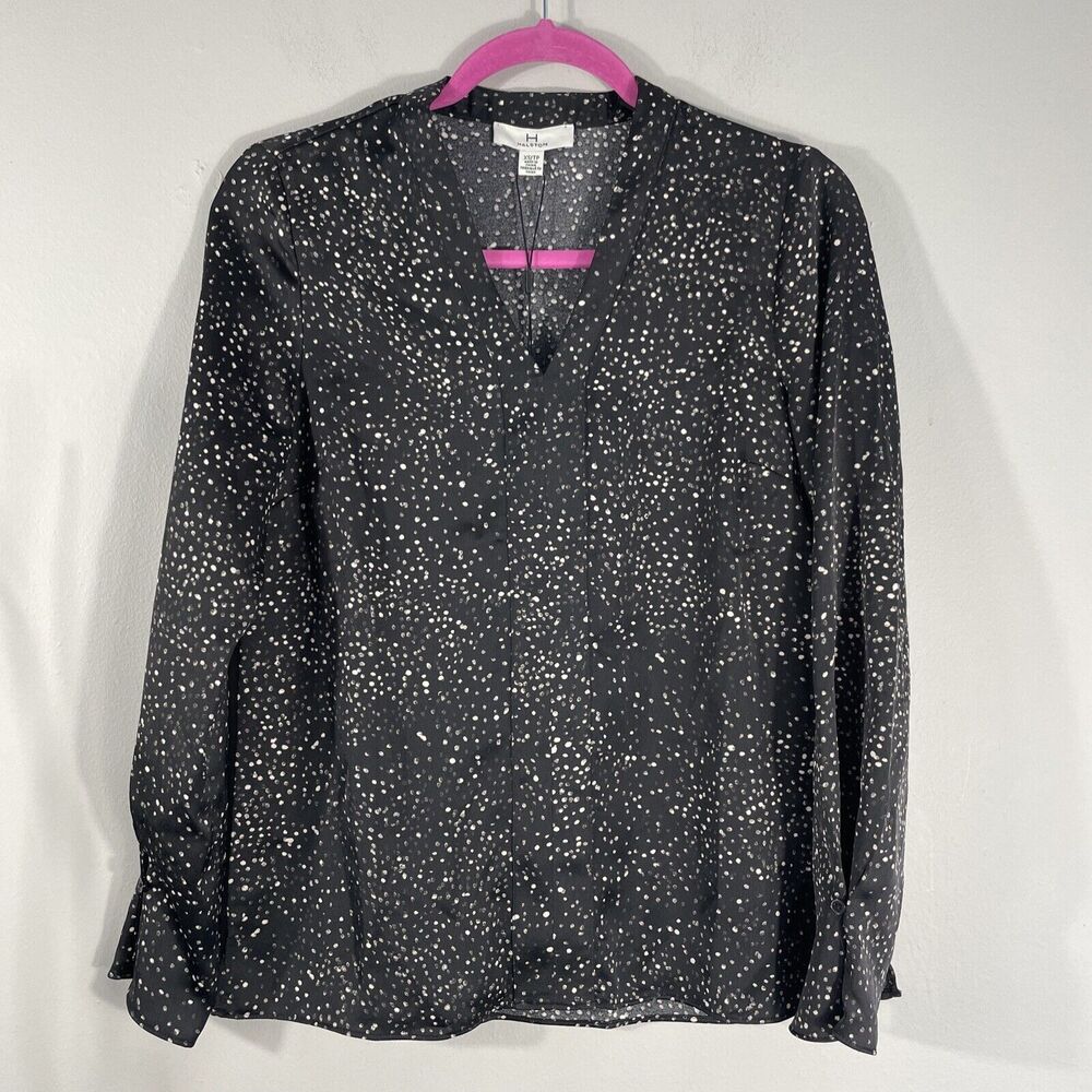 H by Halston Top Women Size XS Black Scattered Dots V-Neck Long Sleeves Blouse